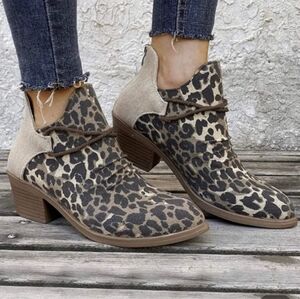 Leopard Retro Canvas Patchwork Chunky Heel Booties